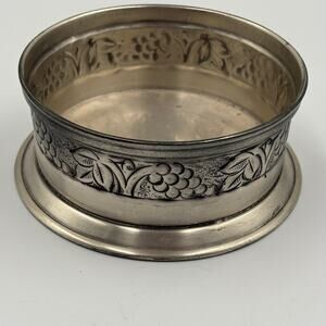 Vintage Pottery Barn Pewter Wine Bottle Coaster Embossed Grapevine Leaf